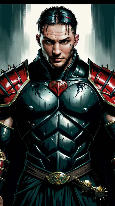 ((Tom Hardy)) as Reiko from Mortal Kombat, fighting standing, tall muscular man, fury haircut, wears crimson topless armor, spiked shoulder pads, face tattoo, menacing cape, 1man, solo, intricate, high detail, sharp focus, dramatic, photorealistic painting...