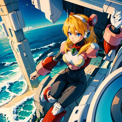 alia_megamanx, 1girl, solo, breasts, blue eyes, blonde hair, android, long hair, robot ears, overlooking the ocean on the edge o...