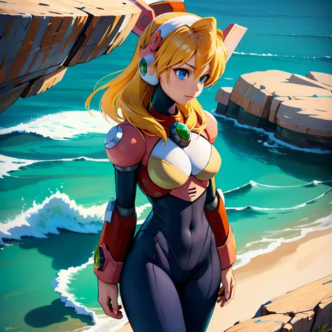 alia_megamanx, 1girl, solo, breasts, blue eyes, blonde hair, android, long hair, robot ears, overlooking the ocean on the edge o...