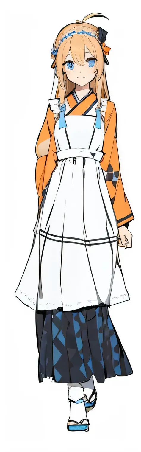 High resolution　woman　long hair　blue eyes　orange kimono　gray accents　blue checkered pattern　apron　maid　black long skirt　or　Ahoge