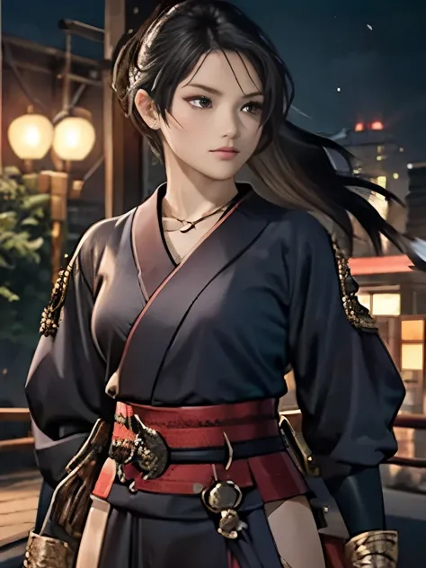 highest quality、black haired woman、japanese、female swordsman、purple hakama、sharp eyes、equipped with a sword at the waist、have a ...