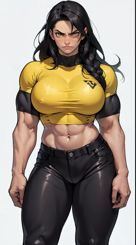 1girl, extremely long hair, solo, ((muscular)), veins, black hair, yellow eyes, blushing, thick thighs, pale skin, strong, veins, abs, big thighs, huge breasts, navel, standing, angry, tight pants, tight shirt