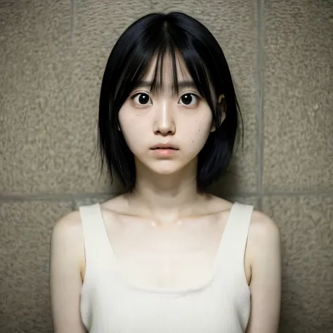 1 Japanese female, one-shot, Big eyes, big black eyes, double, shortcut, Emphasis on the clavicle, black hair, no makeup, young white skin, broad shoulders, 12 years old