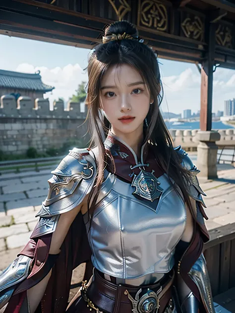 masterpiece，Best quality，A high resolution，8K，Original photo，real photo，Ancient city wall battlefield background,((field：1.8))，digital photography，(Female generals on the battlefield in the Han Dynasty)，(((Beside the battlements of the city wall)))，18-year...