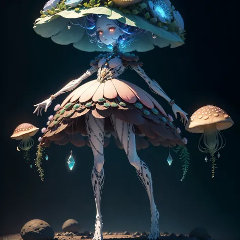 Generate images of creatures with humanoid body structures, But mainly composed of fungal elements. Its head resembles a big head, Dome-shaped crystal spring flower mushroom cap, fanciful, Colorful, Decorated with a luminous speckled pattern. Its arms are ...