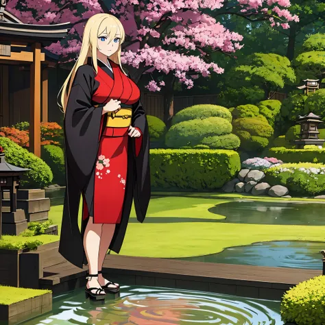 a woman wearing black, yellow and red kimono, blonde hair, faint blue eyes, in a Japanese garden, big breasts
