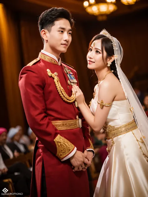 photophotography. bride and groom. wearing traditional Sundanese clothing without siger. face facing forward. luxurious wedding background. ultra HD. realistic. fantastic. reality is clearly visible. real world