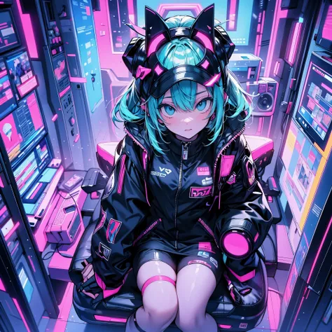 Cyberpunk style cluttered room. more neon. Many machines with unknown uses. Large windows with an open feel. Its sunny outside.　Hatsune Miku is sitting on the chair..
