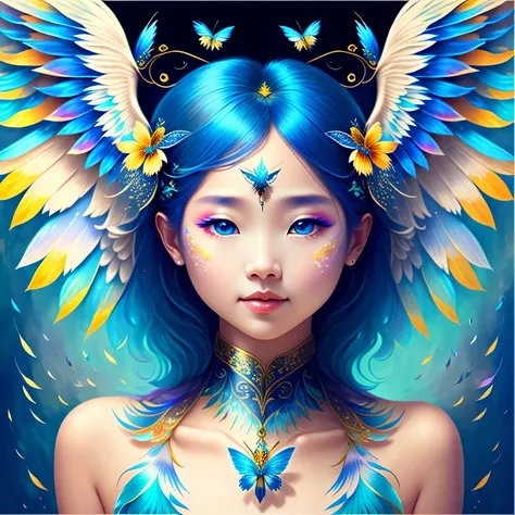 A female angel，Beautiful face，Blue wings grow on the back、with colorful background，tmasterpiece，best qualtiy