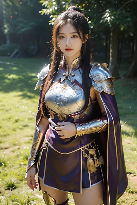 masterpiece，Best quality，A high resolution，8K，Original photo，real photo，Ancient city wall battlefield background,((field：1.8))，digital photography，(Female generals on the battlefield in the Han Dynasty)，(((standing on the grass)))，18-year-old girl，（long po...