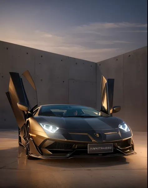 ((hightquality、hight resolution、​masterpiece、sharp focus、photographrealistic、Raw photography、lighting like a movie))、(((No humans))), lamborghini aventador  SVJ、star wheel、Wide wheel、metallic black color、headlight with light、Dark windows、BLACK accents、gold...