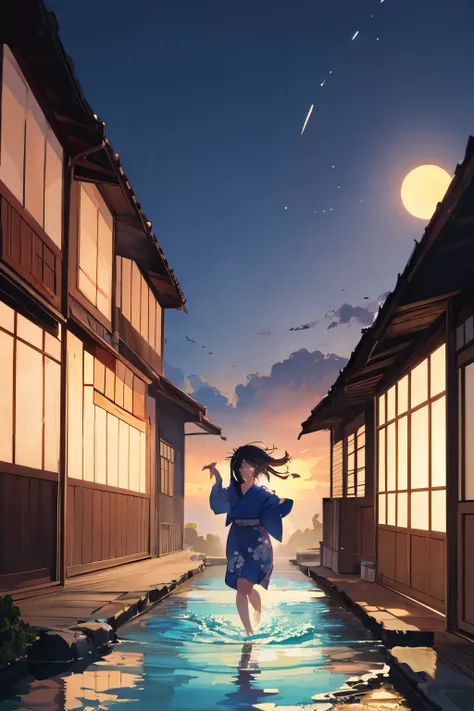 Makoto Shinkai and Ghibli Studio, Rofi, anime girl playing pleasantly in a beautiful stream in a yukata, old folk house, distant eyes, clearly outlined silhouette, sunny, summer, very detailed and incredible quality, trend, masterpiece, 8K high-resolution ...