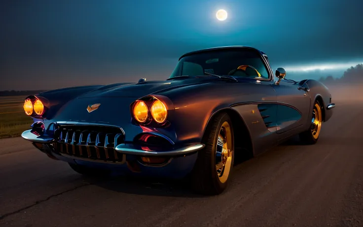 fantz monster,by mooncryptowow,fantz monster,by mooncryptowow,(matte blue chevrolet corvette 1957 ) low rider, black windows, no chrome, golden glow underneath, driving down dark road, full moon, background lightning and fog, old church