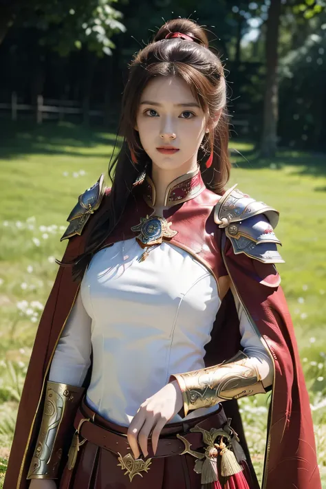 masterpiece，Best quality，A high resolution，8K，Original photo，real photo，Ancient city wall battlefield background,((field：1.8))，digital photography，(Female generals on the battlefield in the Han Dynasty)，(((standing on the grass)))，18-year-old girl，（long po...