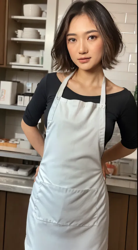 ((top quality, 8k, masterpiece: 1.3)), 1 beautiful japanese girl, A beauty with slim abs: 1.3, (medium short hair, big deal: 1.2), (white naked apron: 1.3), Super detailed faces, delicate eyes, double eyelids, cafe background, lean forward, hands on knees,
