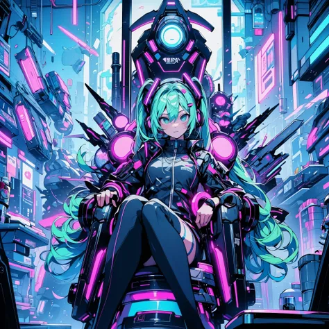 Cyberpunk style cluttered room. more neon. Many machines with unknown uses. Large windows with an open feel. Its sunny outside.　Hatsune Miku is sitting on the chair..
