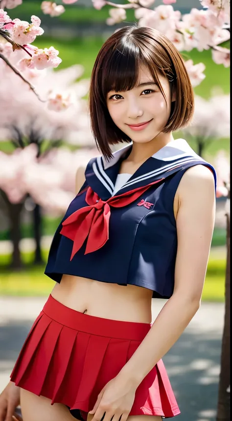 (((beautiful japanese high school girl))) 、1 person、short hair、(((At the cherry blossom trees in bloom)))、doing a sexy pose、(((A revealing sleeveless red sailor suit)))、(((Mini skirt that looks like panties)))、((smile))、photorealistic、With a clearer image、...