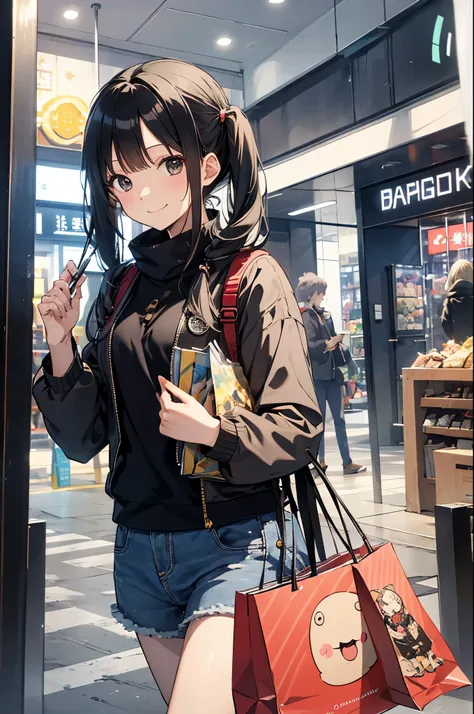 （Pretty sister:1.3）、happy face,Cold atmosphere、one piece、daytime、gold and black hair、university student、pigtails hair、holiday、Okabo Hair、Shopping mall