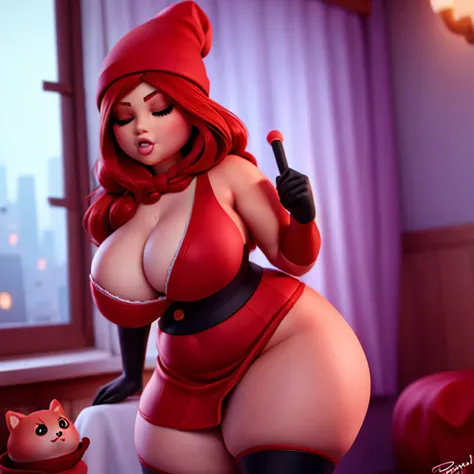 1 beautiful woman, chubby, large body, thick thighs, large chest, straight hair, red hair, black beanie on head, eyelid makeup, black button-down blouse, cleavage showing, boob window, red tight skirt, thick thighs, black thighhigh boots, eyes closed, cute...