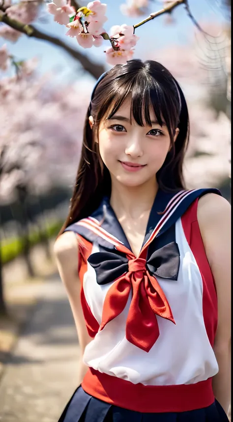 (((beautiful japanese high school girl))) 、1 person、(((At the cherry blossom trees in bloom)))、doing a sexy pose、(((A revealing sleeveless red sailor suit)))、(((super mile))、photorealistic、With a clearer image、beautiful detailed eyes、hyper realism、high con...