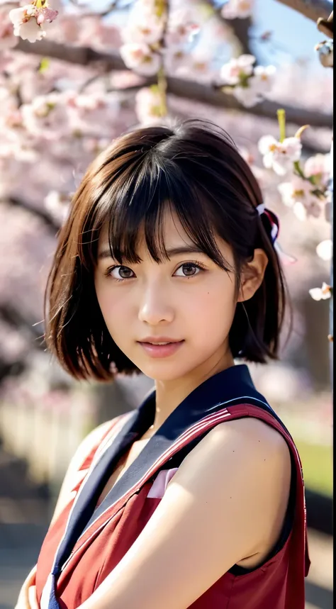 (((beautiful japanese high school girl))) 、1 person、short hair、(((At the cherry blossom trees in bloom)))、doing a sexy pose、(((A revealing sleeveless red sailor suit)))、(((super mile))、photorealistic、With a clearer image、beautiful detailed eyes、hyper reali...