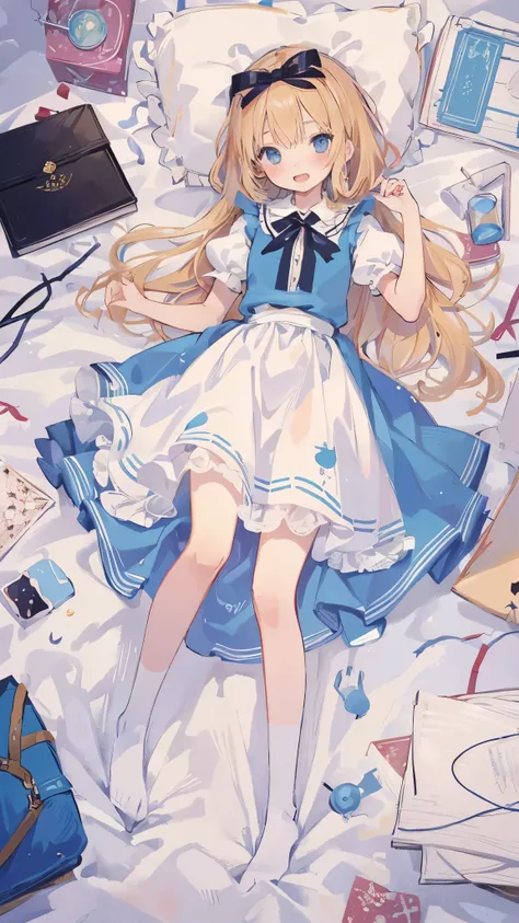 High resolution, (An illustration: 1.3), anime、((highest quality)), (Super detailed), (beautiful), ((Detailed hotel big bed top:1.3)), alone,(12 years old:1.3)、cute face、(alice in wonderland costume:1.4),white and transparent skin、blue ribbon on head、Shiny...