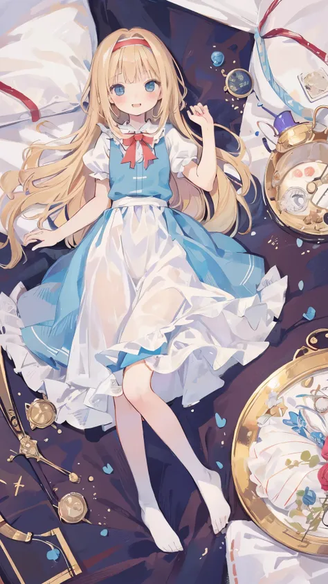 High resolution, (An illustration: 1.3), anime、((highest quality)), (Super detailed), (beautiful), ((Detailed hotel big bed top:1.3)), alone,(12 years old:1.3)、cute face、(alice in wonderland costume:1.4),white and transparent skin、blue ribbon on head、Shiny...