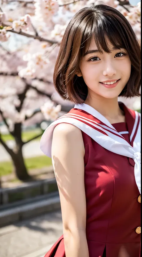 (((beautiful japanese high school girl))) 、1 person、short hair、(((At the cherry blossom trees in bloom)))、doing a sexy pose、(((A revealing sleeveless red sailor suit)))、(((super mile))、photorealistic、With a clearer image、beautiful detailed eyes、hyper reali...