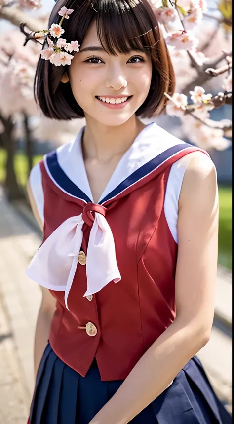 (((beautiful japanese high school girl))) 、1 person、short hair、(((At the cherry blossom trees in bloom)))、doing a sexy pose、(((A revealing sleeveless red sailor suit)))、(((Glamour)))、((smile))、photorealistic、With a clearer image、beautiful detailed eyes、hyp...