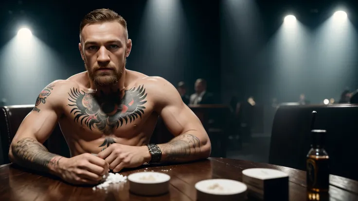 Conor Mcgregor sitting at expensive table with piles of powdered cocaine, powdered cocaine on his nose, (high detailed skin:1.2), 8k uhd, dslr, Dramatic Rim light, high quality, Fujifilm XT3,