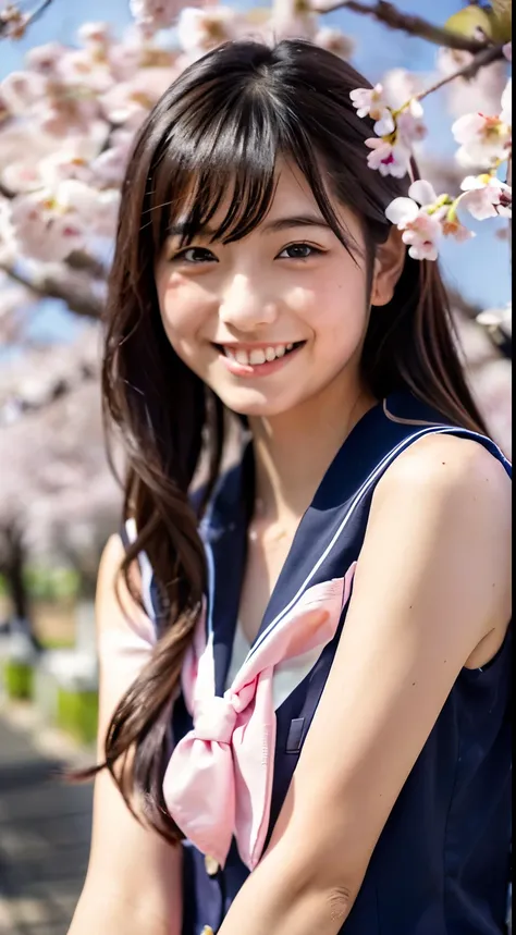 (((beautiful japanese high school girl))) 、1 person、(((At the cherry blossom trees in bloom)))、doing a sexy pose、(((A revealing sleeveless sailor suit)))、(((Glamour)))、((smile))、photorealistic、With a clearer image、beautiful detailed eyes、hyper realism、high...