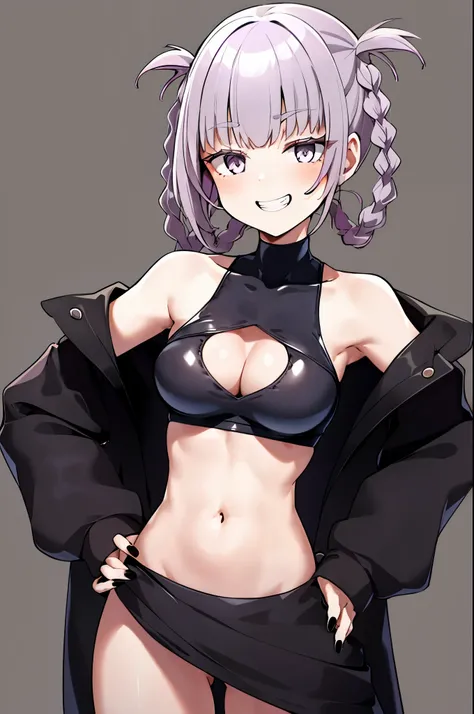 nanakusa nazuna,

1girl, bangs, bare shoulders, black nails, braid, breasts, cleavage cutout, clothing cutout, grin, groin, hair rings, hand on hip, hand up, jacket, light purple hair, long sleeves, looking at viewer, nail polish, navel, open clothes, open...