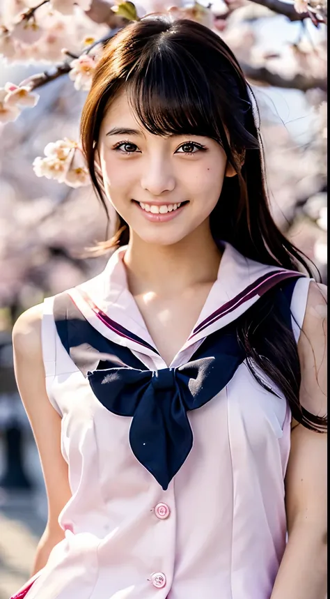 (((beautiful japanese high school girl))) 、1 person、(((At the cherry blossom trees in bloom)))、doing a sexy pose、(((A revealing sleeveless sailor suit)))、(((Glamour)))、((smile))、photorealistic、With a clearer image、beautiful detailed eyes、hyper realism、high...