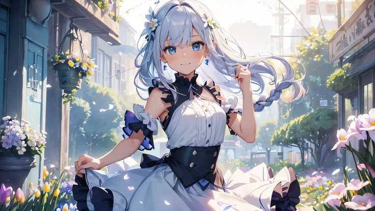 Best quality、photorealistic、super detail、delicate、orderly、high detail、bluish silver hair、(droopy iris of heterochromia,glowing eyes:1.4)、、10 years old、big smile、slender、full body、blurred background、(1 girl:1.2)、dynamic angle、game CG、(spring、petals dancing ...