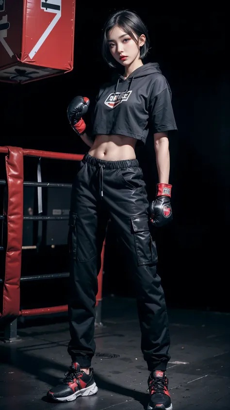 best quality, Clarity, 4k, 8k, detail, actual, Beautiful Girl, Korean makeup, Red lips, blue short haired, Perfect body, stand, pose standing, medium chest, ((black hoodies)), ((black Cargo Box Pants)), (((black boxing gloves))),boxing,dark room background