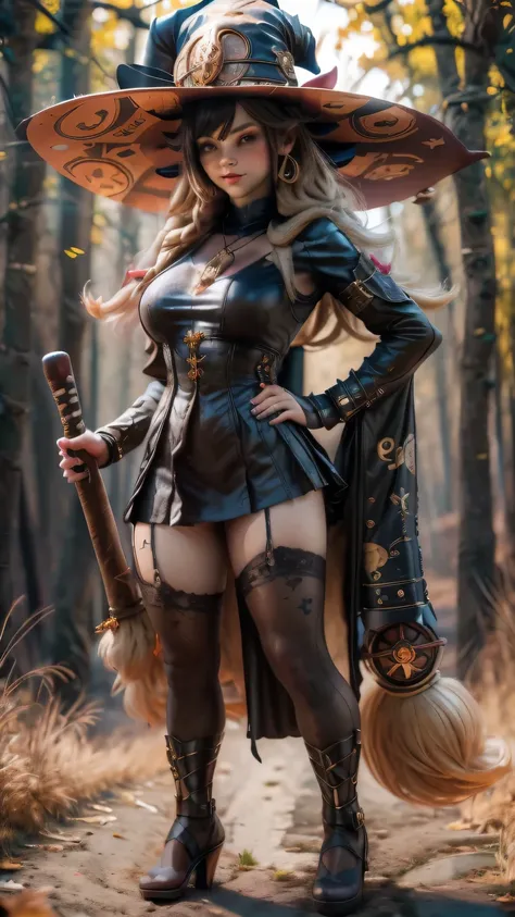 steampunkai。highest quality。masterpiece。detailed details。one girl。little cute girl。steampunk witch。witch hat。witch&#39;s clothes。long light brown fluffy hair。smile。carry a big broom。Running on the road。The background is a forest with bright light shining t...