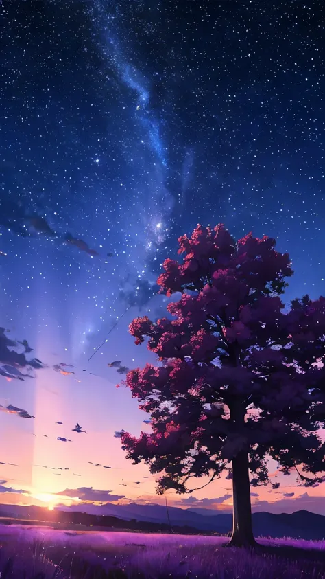 1 large tree, expansive plains, dark and distant, under the night sky, shimmering stars, starry night, (8k quality, highest quality:1.2), (no humans), (no artificial light), tree in the obscurity, captivating purple sky