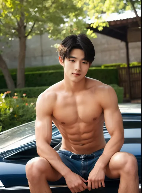 young man, 22 years old, Good looking, Looks like a Korean actor, cute face, white skin, small mouth, Slender face, short hair, handsome, Confident eyes, fit, Broad shoulders, have abdominal muscles, naked, naked, squatting, Open your legs in a V shape., o...