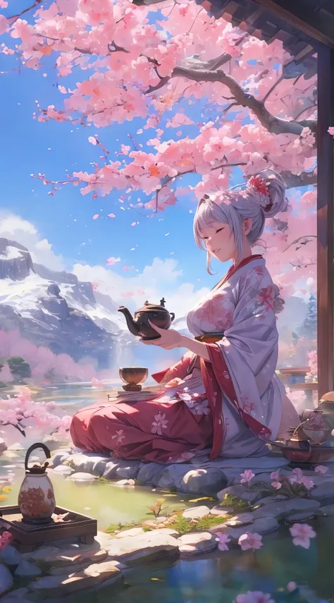 (masterpiece, best quality, photorealistic, ultra-detailed), the sakura maiden, traditional, perfect body, wide hips, pouring tea at the zen garden, sitting pose, smile, mountain range, sky