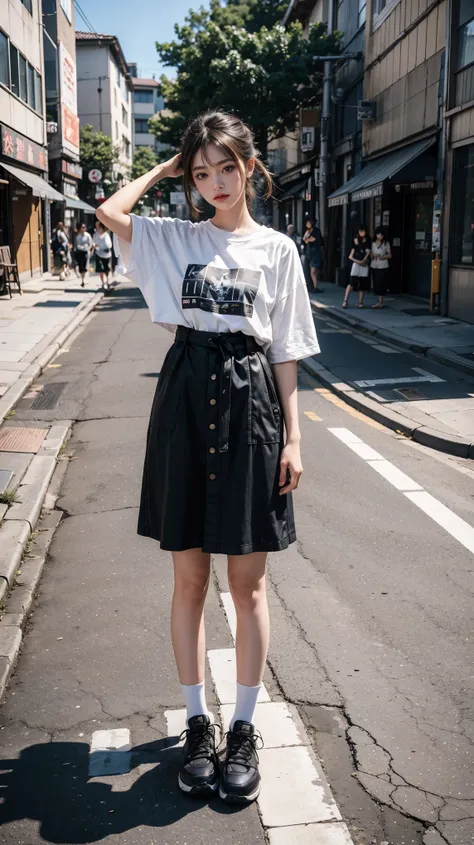 there is a woman that is standing on the sidewalk with her hand on her head, shot on canon eos r5, shot on canon eos r 5, she is wearing streetwear, lofi portrait, taken with canon eos 5 d mark iv, mid shot portrait, portrait of a japanese teen, portrait o...