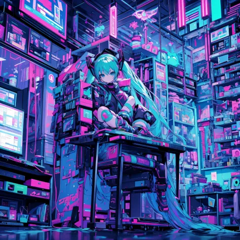 Cyberpunk style cluttered room. more neon. Many machines with unknown uses. Large windows with an open feel. Its sunny outside.　Hatsune Miku is sitting on the chair..
