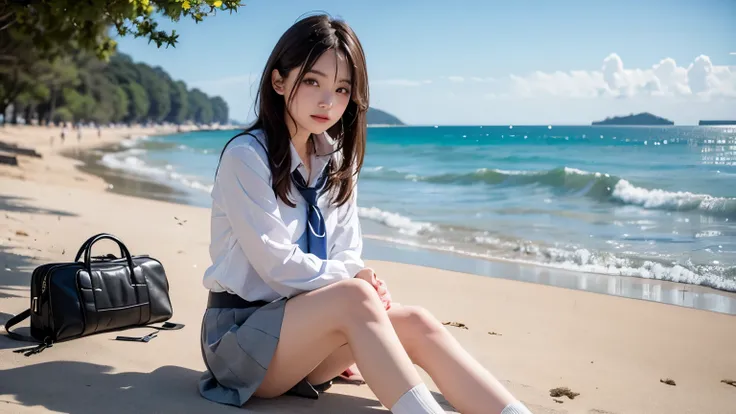 highest quality, masterpiece, 8k, 最高の品質とmasterpieceを目指して: “Create a detailed background of an 8k resolution masterpiece: The background is the sea, and the sandy shoreline. on this beach, Beautiful  sits directly on the shoreline with legs apart, towards u...