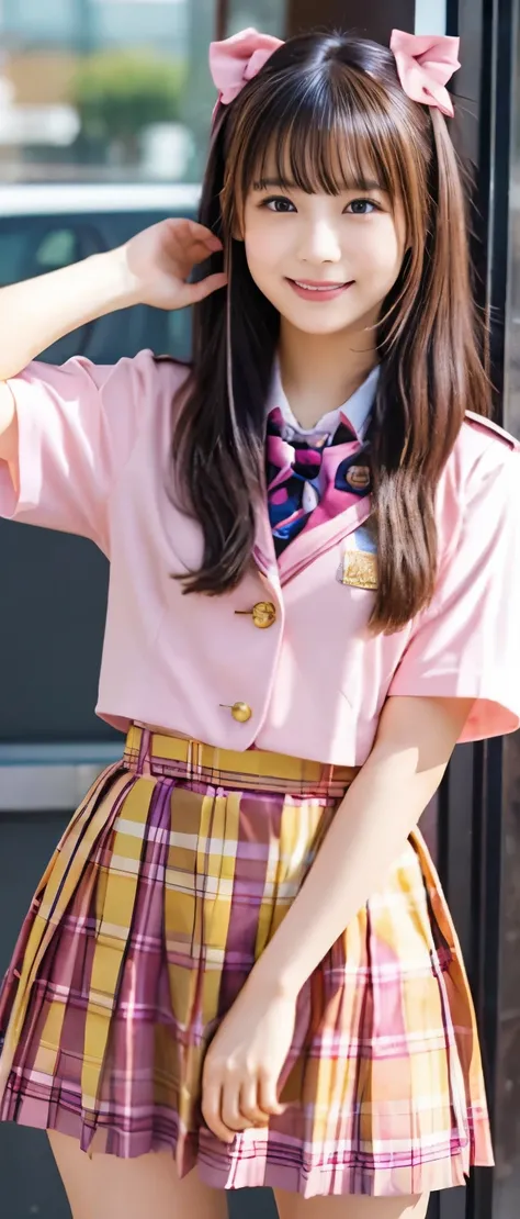 High School Girl Idol、whole body、good style、、、、、pink and gold uniform、colorful hair