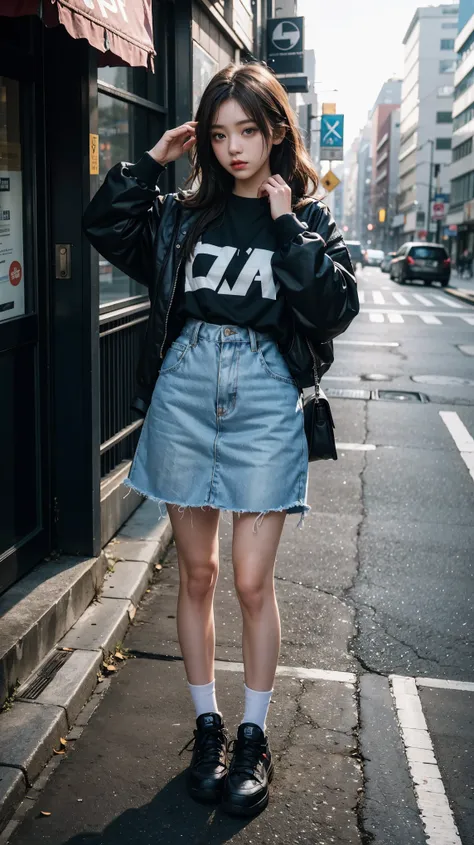 there is a woman that is standing on the sidewalk with her hand on her head, shot on canon eos r5, shot on canon eos r 5, she is wearing streetwear, lofi portrait, taken with canon eos 5 d mark iv, mid shot portrait, portrait of a japanese teen, portrait o...