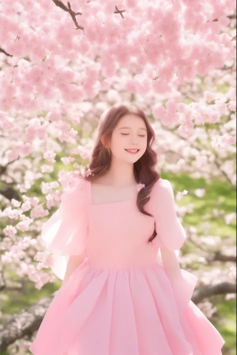 a dreamy scene filled with pink cherry blossoms, where a young girl stands beneath the blooming trees, her face radiant with the...