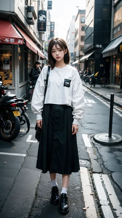 there is a woman that is standing on the sidewalk with her calm poses, shot on canon eos r5, shot on canon eos r 5, she is wearing streetwear, lofi portrait, taken with canon eos 5 d mark iv, mid shot portrait, portrait of a japanese teen, portrait of fema...