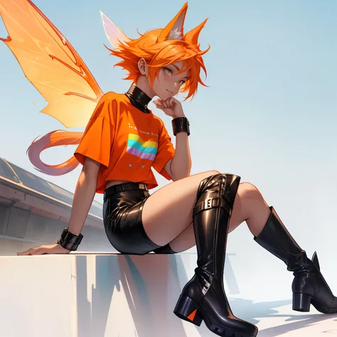 Curvy, skinny boy with feminine features, wide hips, thick thighs, twink, flowing orange gradient hair with puppy ears and a puppy tail, wearing loose t-shirt, wearing tight leather shorts, wearing knee high boots, wearing rainbow fairy wings, solo, alone,...