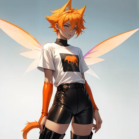 Curvy, skinny boy with feminine features, wide hips, thick thighs, twink, flowing orange gradient hair with puppy ears and a puppy tail, wearing loose t-shirt, wearing tight leather shorts, wearing knee high boots, wearing rainbow fairy wings, solo, alone,...