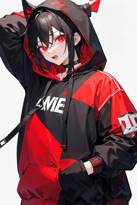 Put a hoodie on a boy and the boy has black hair with red mesh.。And there are some double teeth sticking out.