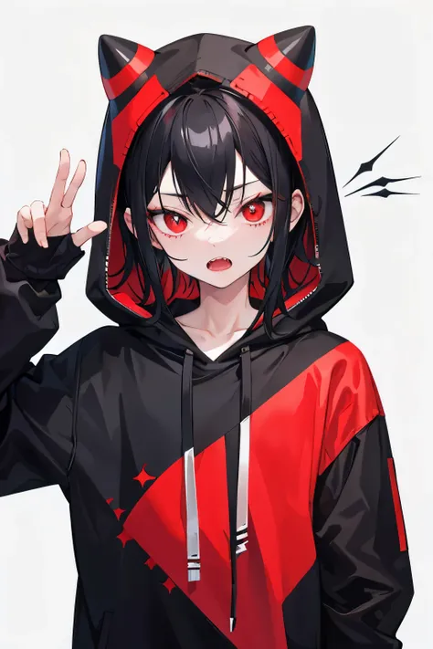 Put a hoodie on a boy and the boy has black hair with red mesh.。And there are some double teeth sticking out.